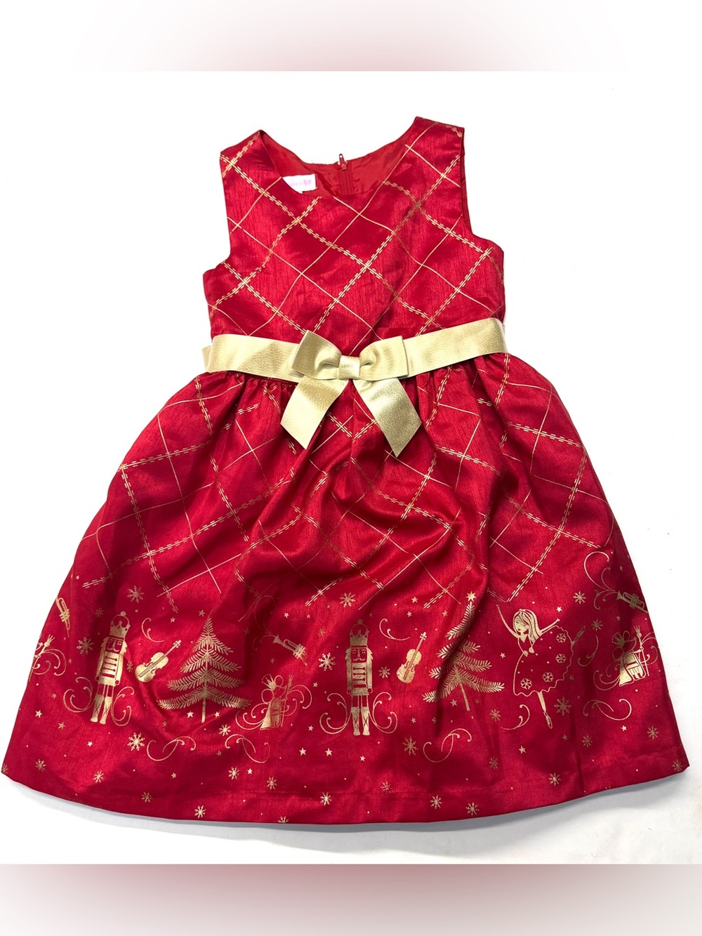 Bonnie Jean Red Christmas Holiday Dress with Gold Bow Nutcracker Print